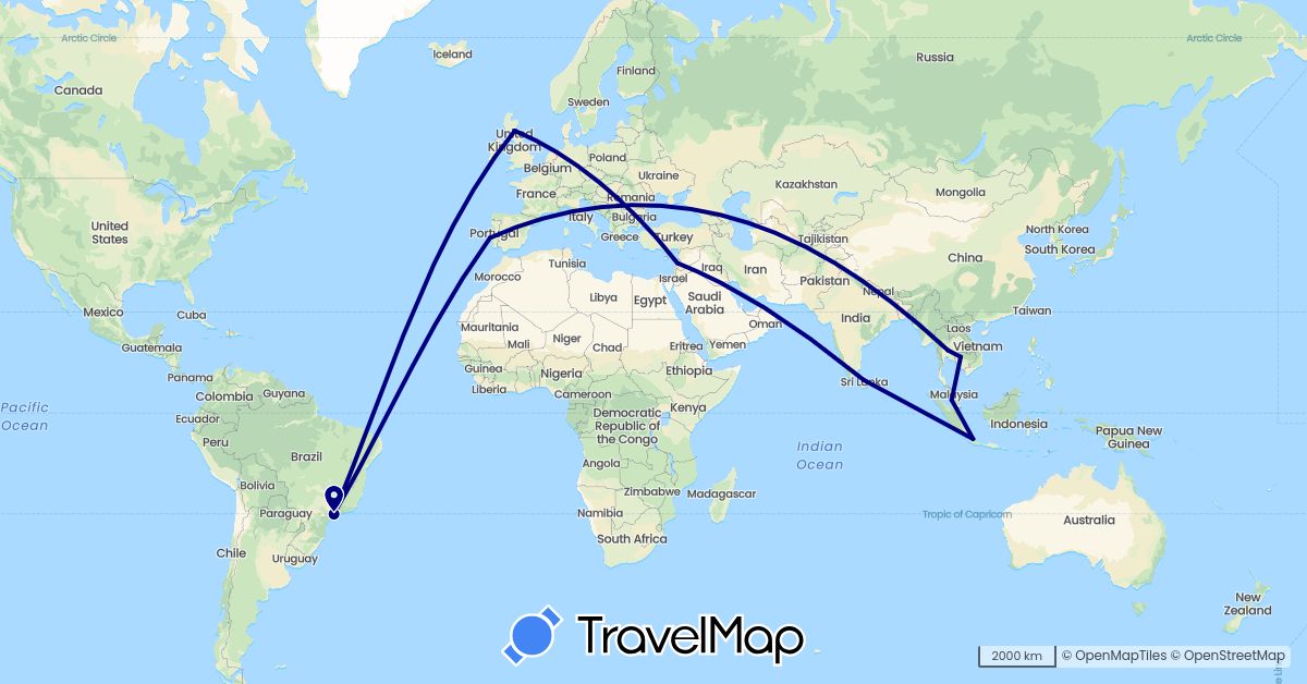 TravelMap itinerary: driving in Brazil, United Kingdom, Indonesia, Cambodia, Lebanon, Sri Lanka, Malaysia, Portugal, Thailand (Asia, Europe, South America)